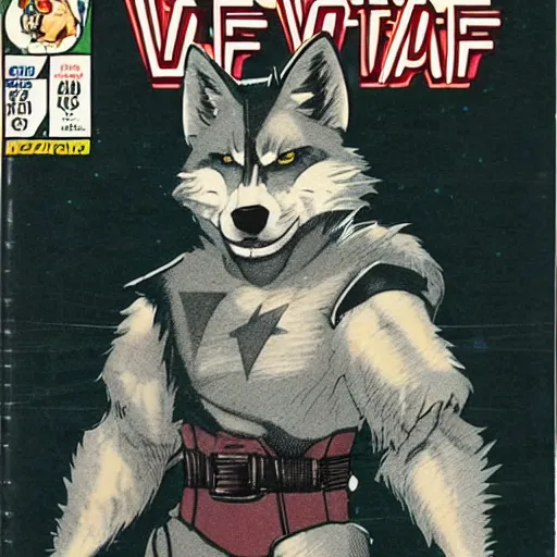 Image similar to 1 9 8 0 s comic book cover scan featuring a portrait of villain male wolf o'donnell anthropomorphic wolf furry fursona from starfox wearing a dark space mercenary uniform, dark grey wolf, handsome eyes, wolf o'donnell