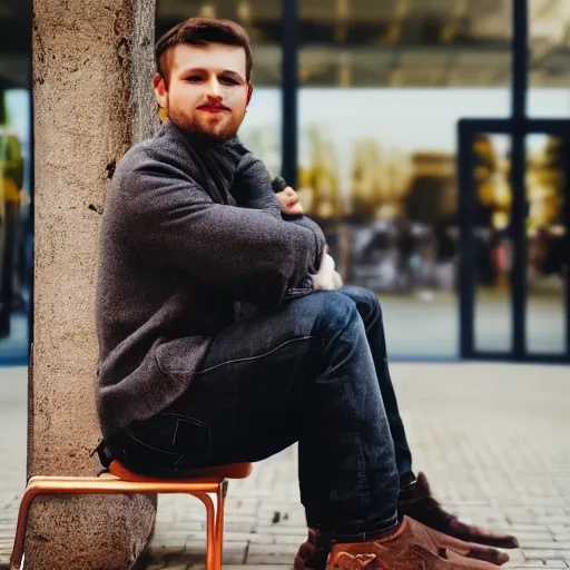 Prompt: full body photo of young man sitting on chair, perfect face, fine details, bokeh