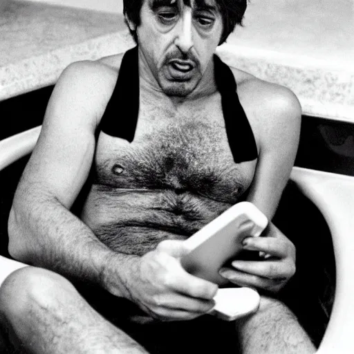 Prompt: al pacino scarface hot tub scene, except he is wearing catgirl ears and browsing his iphone