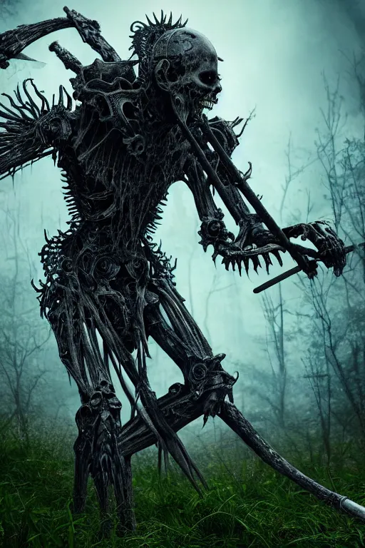 Image similar to post - gothic giant creepy banshee, exoskeleton armor, attacking with axe, dystopian ruins covered in vegetation, highly detailed smooth digital art masterpiece, vitaly bulgarov giger dramatic dark blue light, ground angle hd 8 k, sharp focus