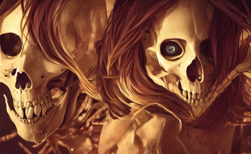 Prompt: skeleton with eyes, cinematic shot, 8 k, art by artgerm and greg rutkowski and alphonse mucha, movie screenshot