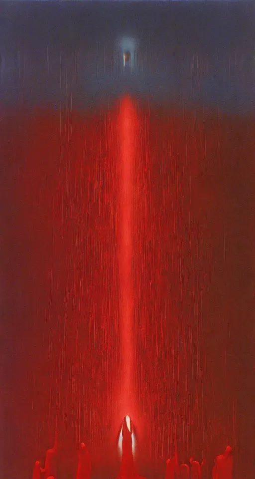 Prompt: worshippers in red robes holding a very complex gigantic reflective glowing glass crystal tesseract orb violently illuminating a small room, very bright white light, small room, glass room, glass, enlightening, high detailed beksinski painting, part by adrian ghenie and gerhard richter. masterpiece, deep colours, bright white