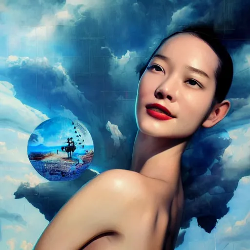 Image similar to 3 d, sci - fi, close - up, morning, smiling fashion model face, sun, cinematic, clouds, sun rays, vogue cover style, poster art, blue mood, realistic painting, intricate oil painting, high detail illustration, figurative art, multiple exposure, poster art, 3 d, by tooth wu and wlop and beeple and greg rutkowski