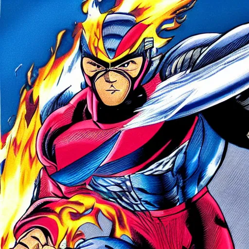 Prompt: captain falcon leaping out of the blue falcon, fire, epic, realistic by michael bay