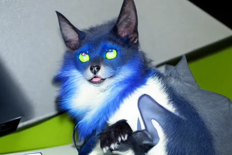 Image similar to a blue - and - black male blue / green heterochromatic catbat fursona with blue / green heterochromatic eyes ( one eye green ) and huge bat ears, photo of the catbat streaming on his computer