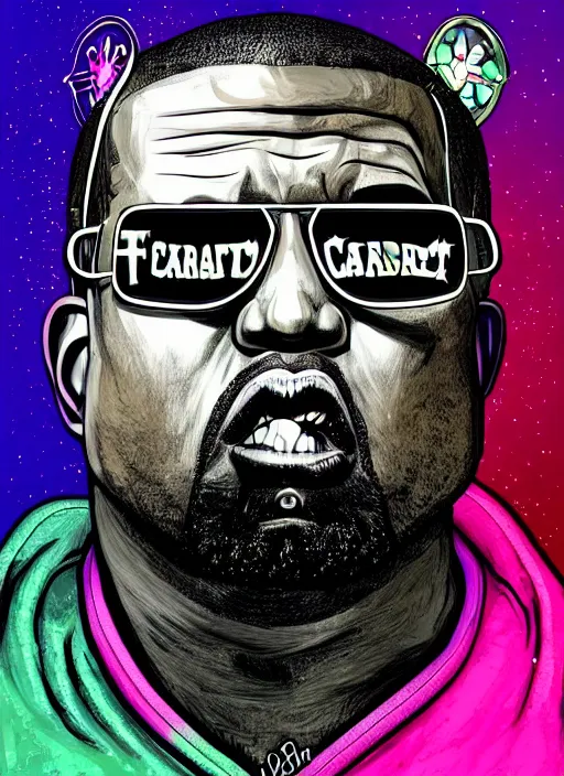 Prompt: portrait of ted cruz sunglasses stars in the sky fairies with detailed faces enchanted forest on the ground psychedelic wide angle shot white background vector art illustration gears of war cell shaded illustration gta 5 artwork of kanye west, in the style of gta 5 loading screen, by stephen bliss by hieronymus bosch and frank frazetta