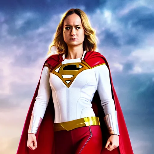 Image similar to Brie Larson as DC Comics' Power Girl, full body with white costume and cape and chest, photo, 4k