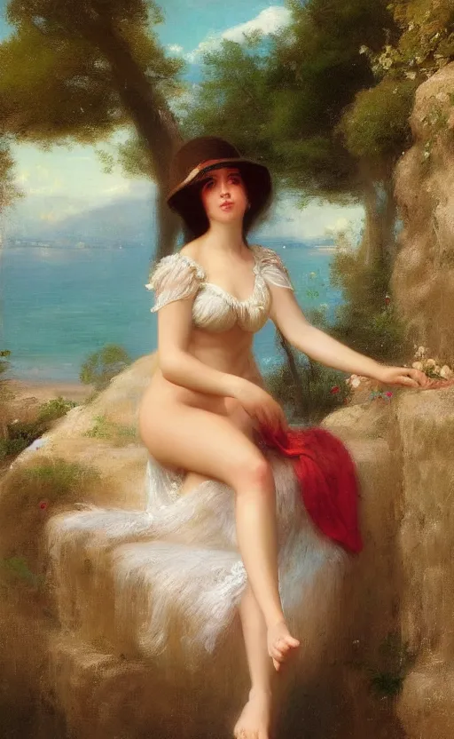Image similar to donald trump as a beautiful girl at the summer beach by raphael lacoste and pierre auguste cot and delphin enjolras and daniel f. gerhartz
