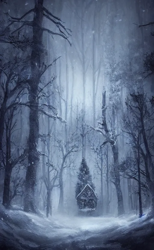 Image similar to a dark fantasy concept art of a snowy forest with a single cabin in the woods, with lights on in the cabin, dynamic lighting, cinematic, ultra detailed, trending on art station, stunning visuals, atmospherical, ambient lighting, realism, lonely vibe