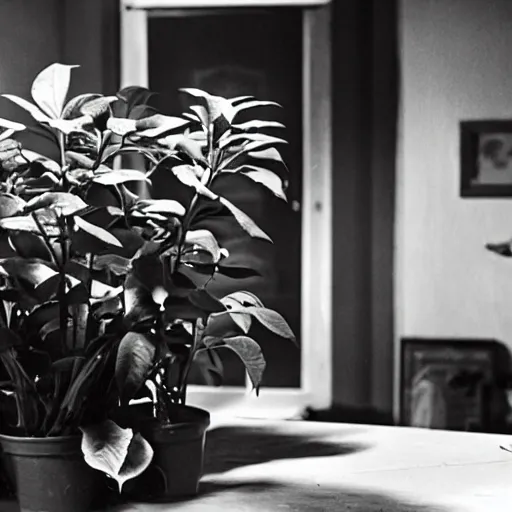 Prompt: a film noir murder mystery about a killer plant that escaped from a lab, color film still