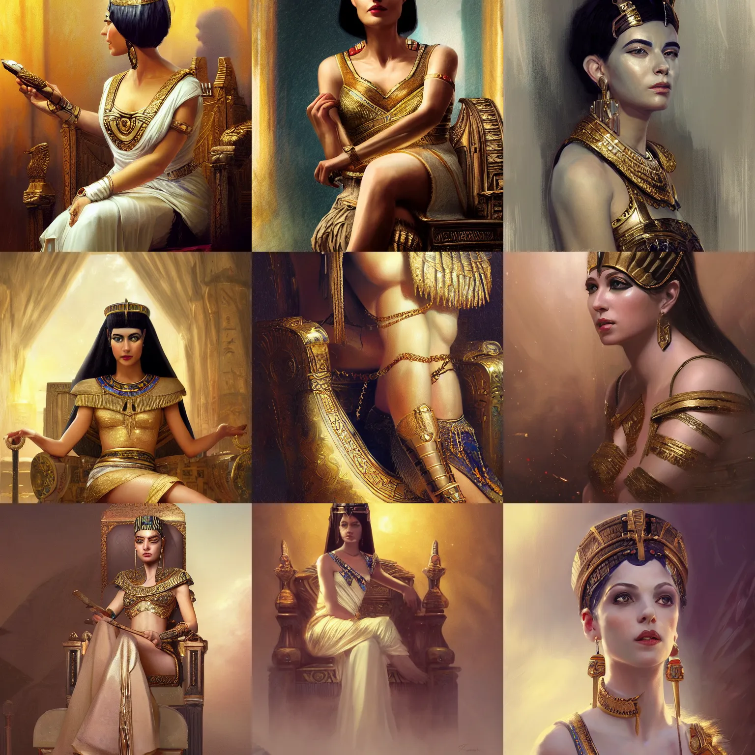 Prompt: detail portrait cleopatra young and elegant sitting on throne, egypt short hair, egypt makeup, digital fantasy art, hands straight down by greg rutkowski and thomas kinkade, Trending on artstation