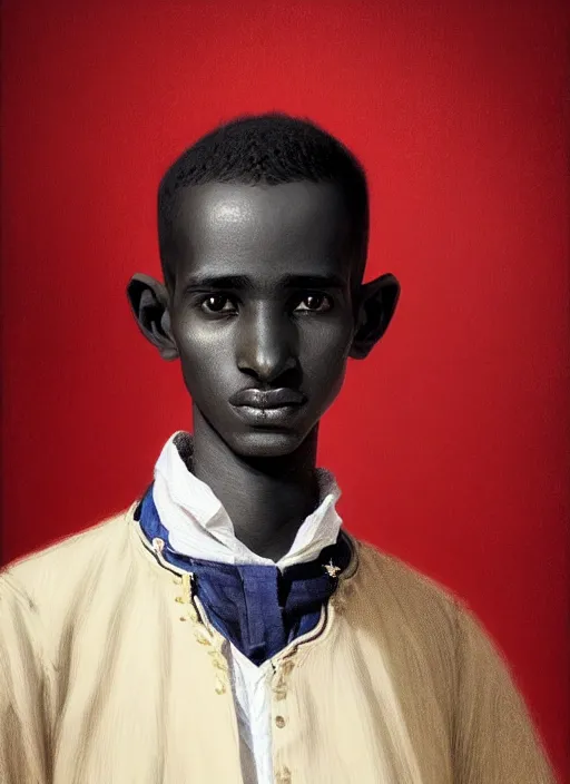 Image similar to a portrait of an sudanese boy with a crooked nose in victorian clothing, confident pose, intricate, elegant, sharp focus, illustration, highly detailed, concept art, matte, trending on artstation, anime, art by james jean and artgerm and brian despain and alberto mielgo, greg rutkowski, wlop, ilya kuvshinov, strong strokes