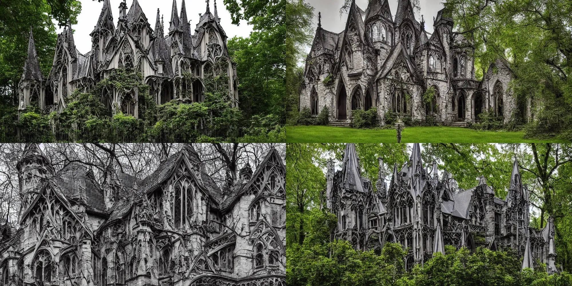 Prompt: Gothic architecture home in a deep wood vines, gargoyles