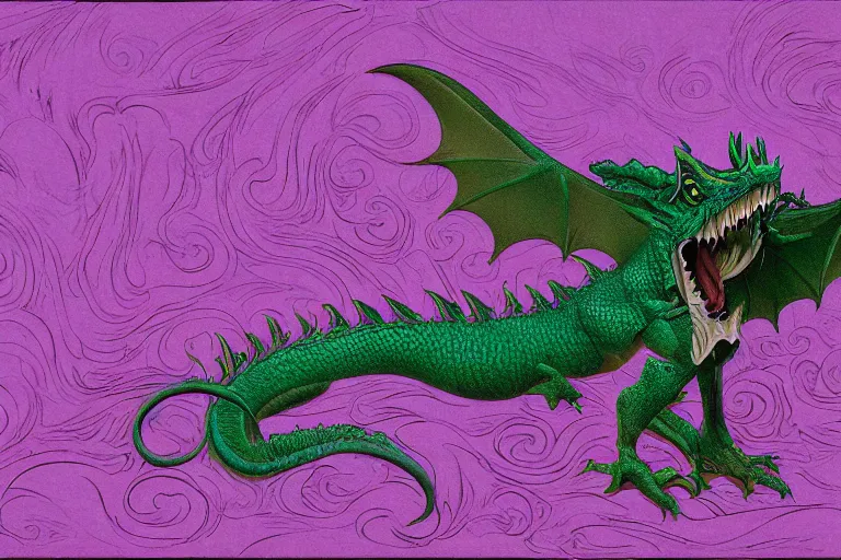 Image similar to emerald dragon wyrmling yawned by the growl, art by brian lee durfee, trending on artstation, dramatic violet and purple lighting microscopic view gigapixel, ambrotype, in the silver hour, hdr, historicism