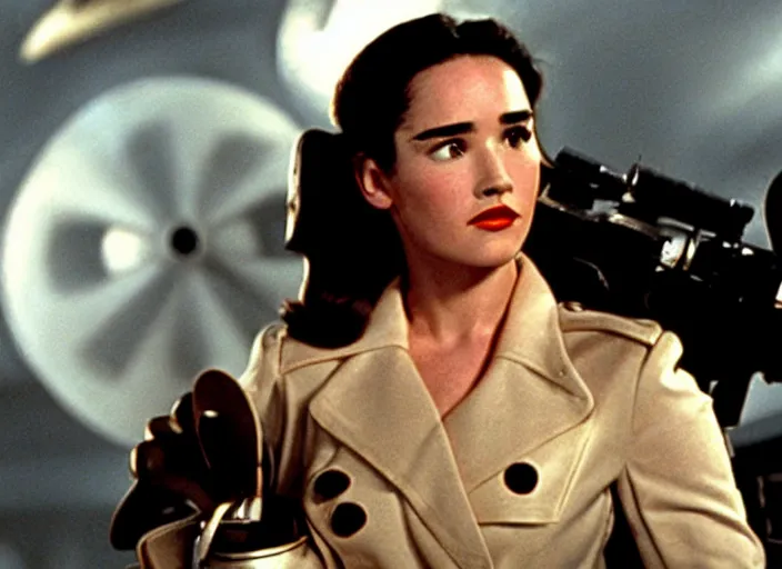 Prompt: a color movie still from the modern film the rocketeer featuring young jennifer connelly in her role as jenny blake ; color