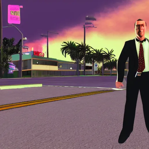 Prompt: saul goodman in gta vice city, a game screenshot, miami, pink sunse