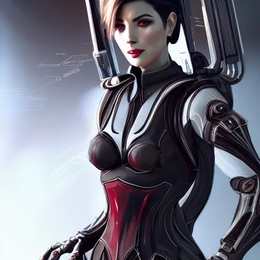 Prompt: A combination of Ada Wong's and Grace Kelly's and Ashley Greene's appearances wearing Warframe armor, high tech, action shot, angular, full body portrait, futuristic, dramatic, fantasy, intricate, elegant, highly detailed, digital painting, artstation, concept art, matte, sharp focus, illustration, 8K, art by Donato Giancola and James Gurney