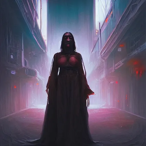 Prompt: “a beautiful portrait of a cyberpunk priestess conjuring magic in a dark alleyway, detailed and realistic matte painting, by Noah Bradley”