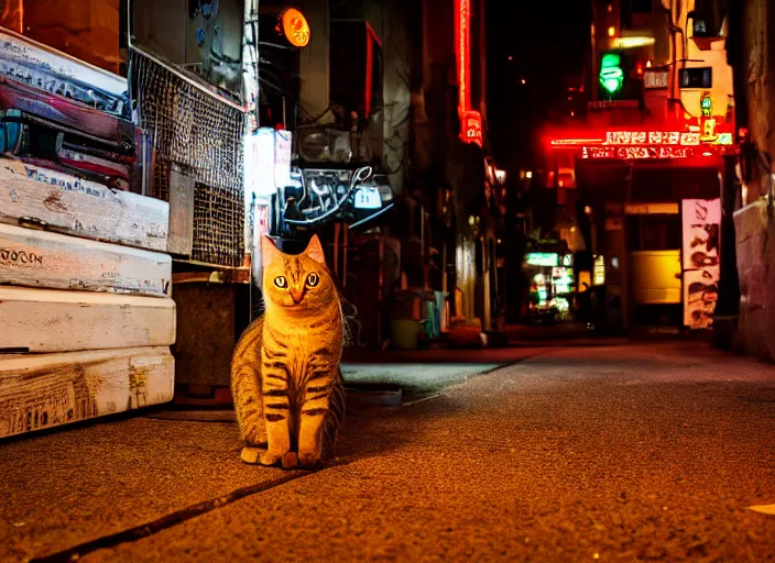 Prompt: photography of a Cat sitting on a box. in a cyberpunk street, award winning photo, led lighting, night, 24mm, sharp, high res