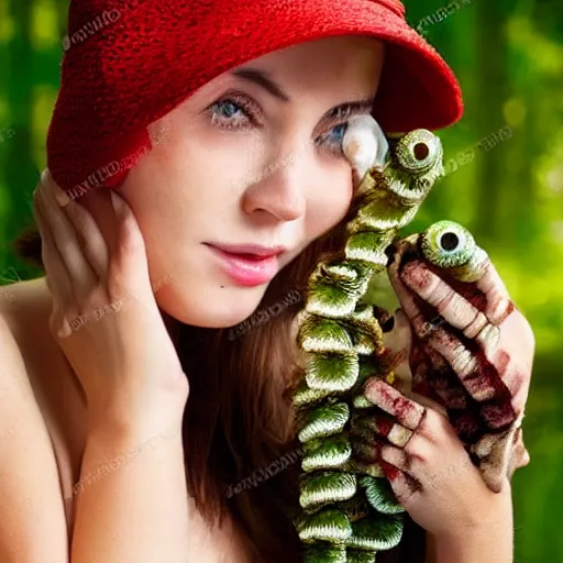 Prompt: beautiful woman with hat, apes and worms, mystic forest