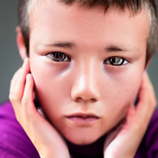 Image similar to closeup portrait of 8 year old boy, thick lips, hot pink skin, thin eyebrows, short light brown hair, facebook post, black background