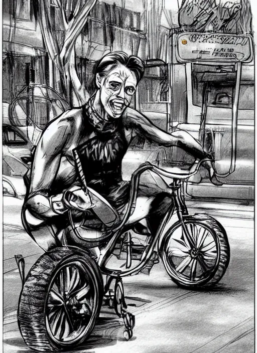 Image similar to beautiful concept art comic book drawing of steve buscemi riding a tricycle by randy vargas and by simon bisley