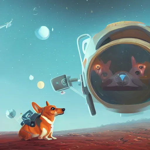Prompt: highly detailed digital painting of a heroic corgi cosmonaut in outer space, sci - fi digital painting by simon stalenhag, extremely beautiful, award - winning, trending on artstation