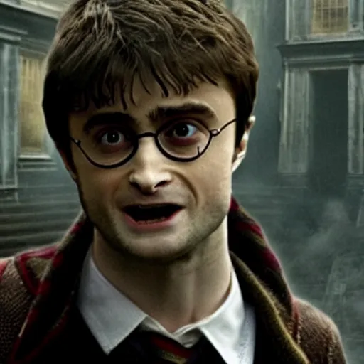 Image similar to Daniel radcliffe as harry potter, epic wide shot, cinematic shading, widescreen, motion blur, warm colors, directed by Christopher Nolan and Asher Duran