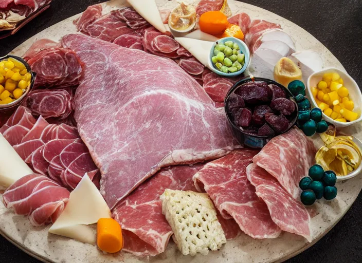 Prompt: underwater photo still of a great white shark looking at a charcuterie platter, 8 k