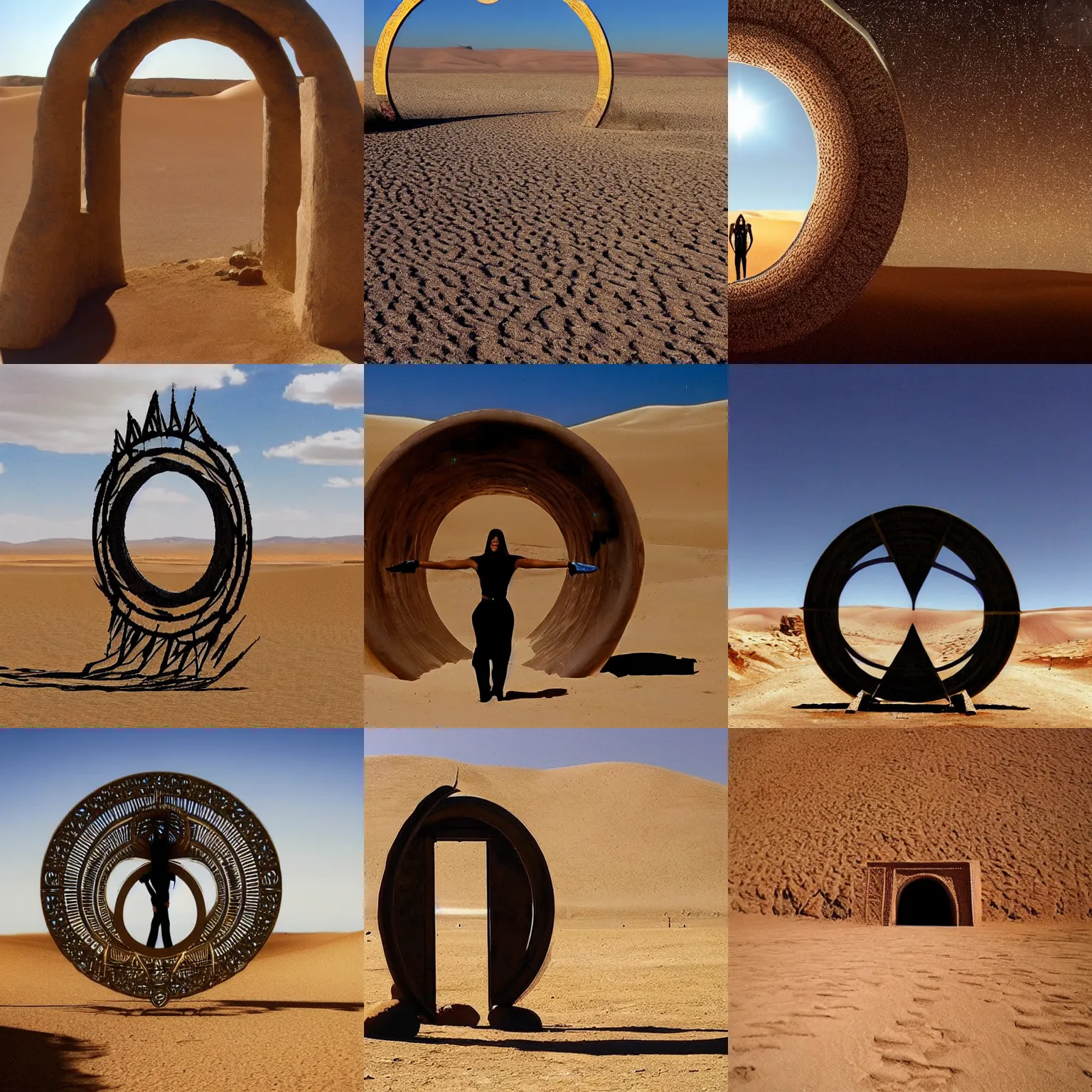 Prompt: stargate standing in desert, is portal to other universe