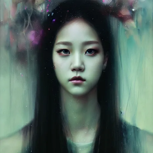 Image similar to jisoo of blackpink, hyperrealistic portrait, bladerunner street, by karol bak and agnes cecile, fantasy art, photo realistic, dynamic lighting, artstation, poster, volumetric lighting, very detailed face, intricate complexity, rule of thirds, 8 k, award winning, unreal engine