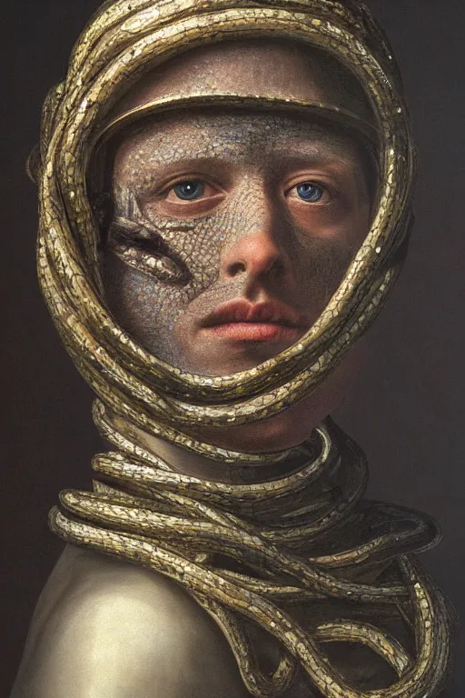 Image similar to hyperrealism oil painting, close - up portrait of face from a tangle of snakes medieval fashion model, knight, steel gradient mixed with nebula sky, in style of baroque