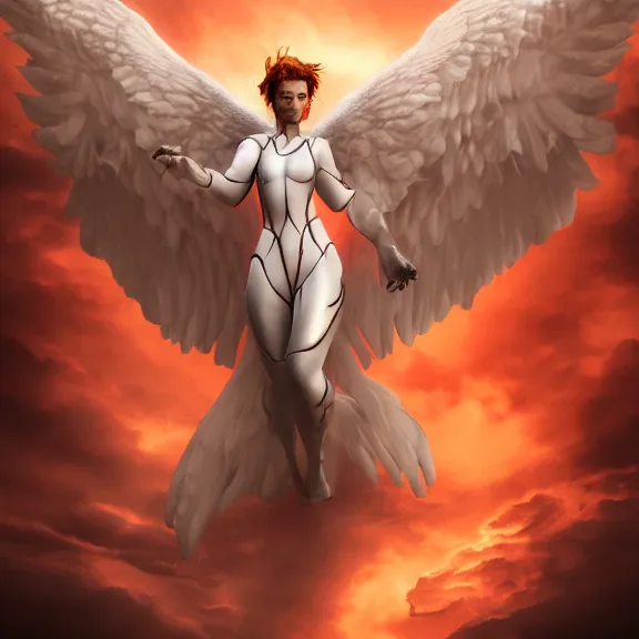 Image similar to cinematic full body shot of a beautiful stunning angel flying over hell, that's a beautiful stunning angel, elegant pose, flying, detailed arms, streamlined white armor, two arms, two legs, detailed fanart, macro art, realistic digital art, DeviantArt, artstation, 3D realistic, 8k HD, octane render