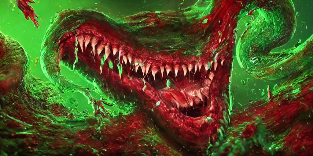 Prompt: a large slimy creepy monster a with very long slimy tongue, dripping saliva, macro photo, fangs, red glowing skin, green skin with scales, cinematic colors, tiny glowbugs everywhere, standing in shallow water, insanely detailed, dramatic lighting