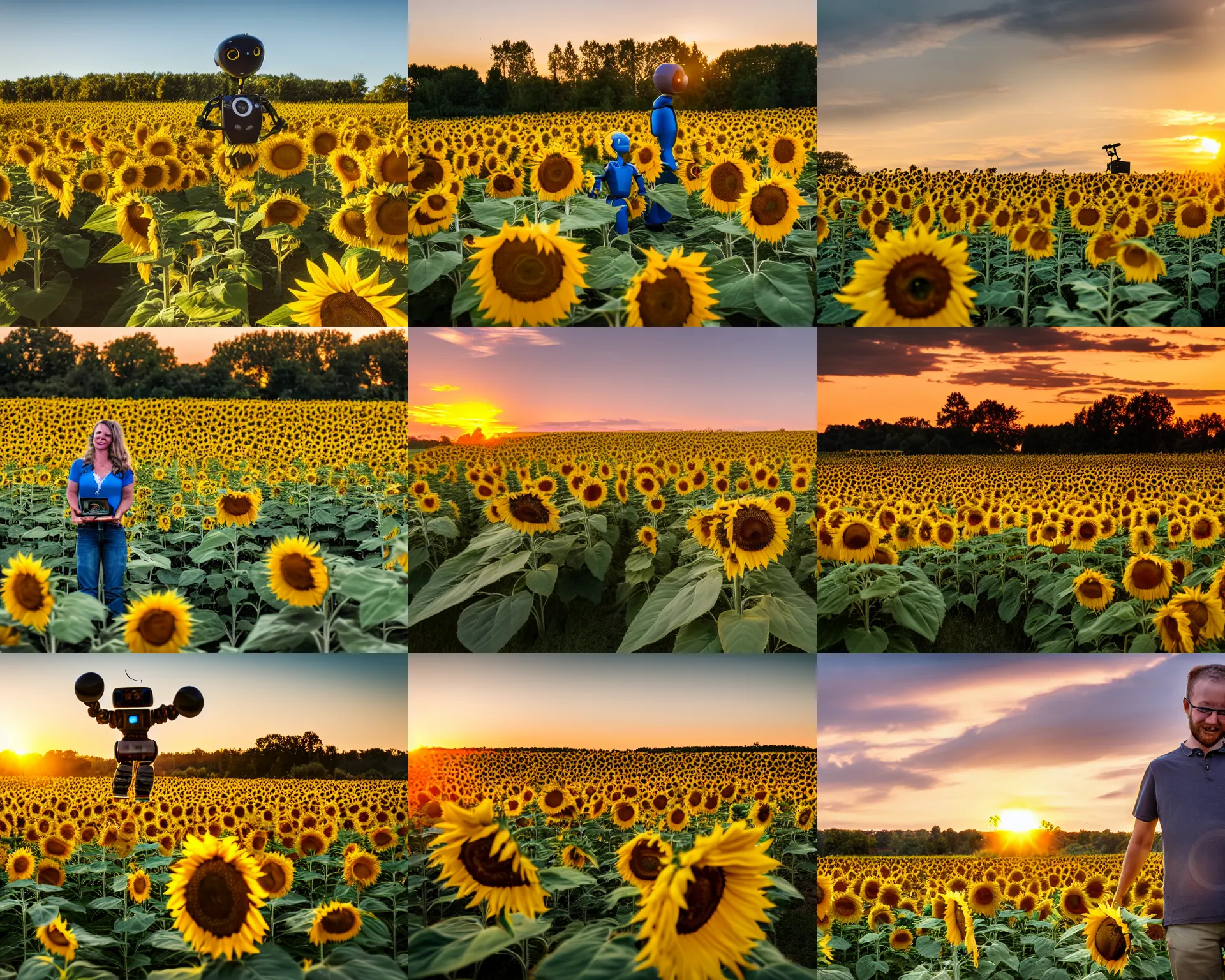 Prompt: a wide angle landscape photo of a field full of sunflowers being enjoyed by a humanoid robot, golden hour, lpoty, award winning, bokeh, photography