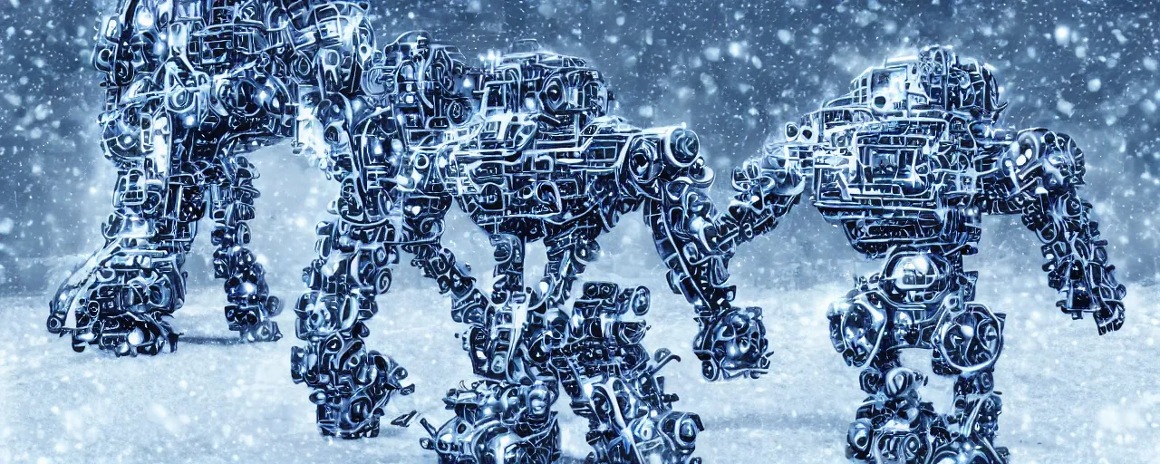 Prompt: cell shaded retro cybernetic symbiosis of a cybernetic mech covered in snow