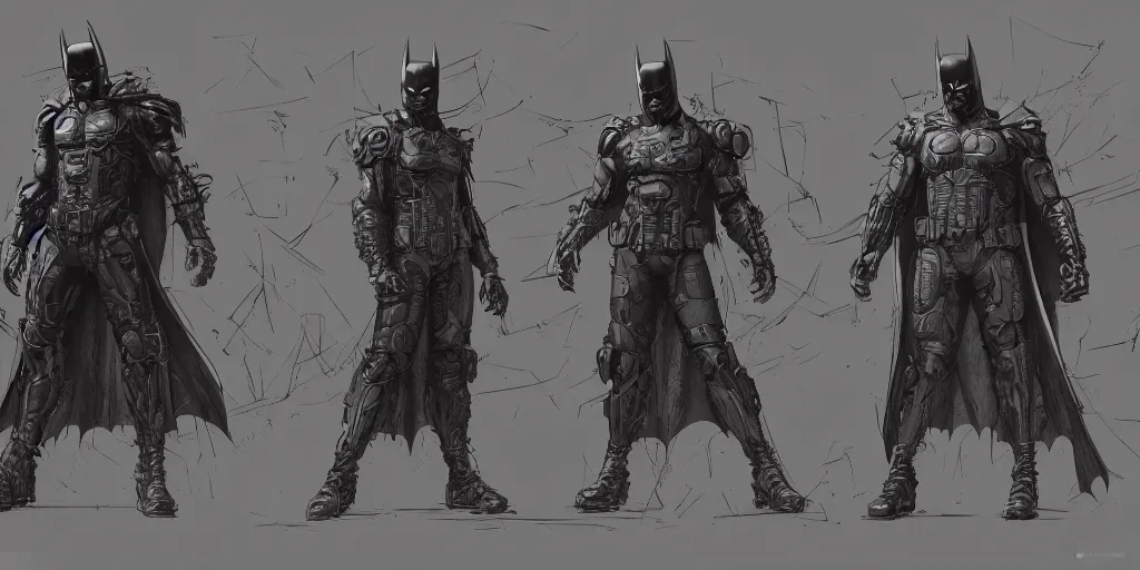 Prompt: cyberpunk batman, character sheet, concept design, contrast, kim jung gi, greg rutkowski, zabrocki, karlkka, jayison devadas, trending on artstation, 8 k, ultra wide angle, pincushion lens effect