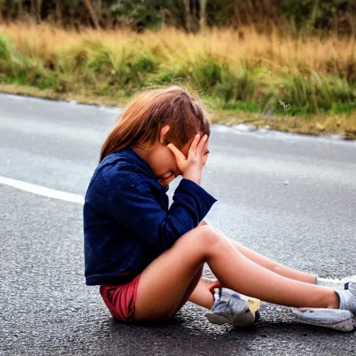 Image similar to a girl sat crying on a road