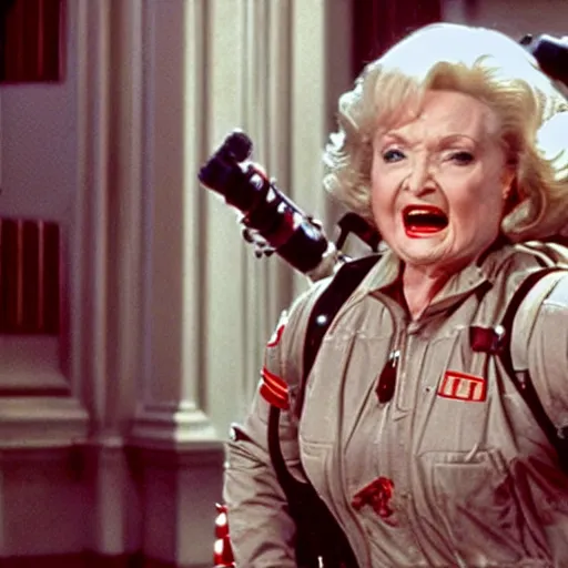 Image similar to stunning awe inspiring betty white as a ghostbuster in the movie ghostbusters, movie still 8 k hdr atmospheric lighting