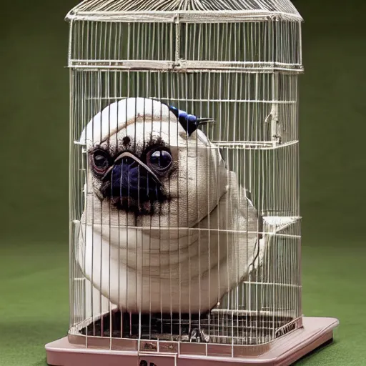 Prompt: a bird cage with a pug cockatoo hybrid, realistic, photoshoot, real life, national geographic