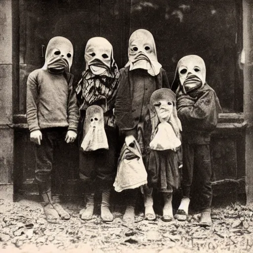 Prompt: portrait of children wearing hobo masks, photograph, style of atget, 1 9 1 0, creepy, dark