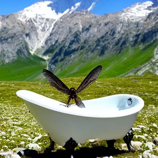 Image similar to dragonfly in a bathtub in the alps, herd of goats!!!! in background