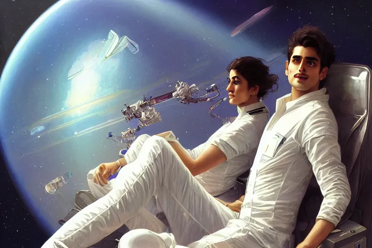 Image similar to Euphoric good looking pale young Indian doctors wearing jeans in a space station above Earth, portrait, elegant, intricate, digital painting, artstation, concept art, smooth, sharp focus, illustration, art by artgerm and greg rutkowski and alphonse mucha