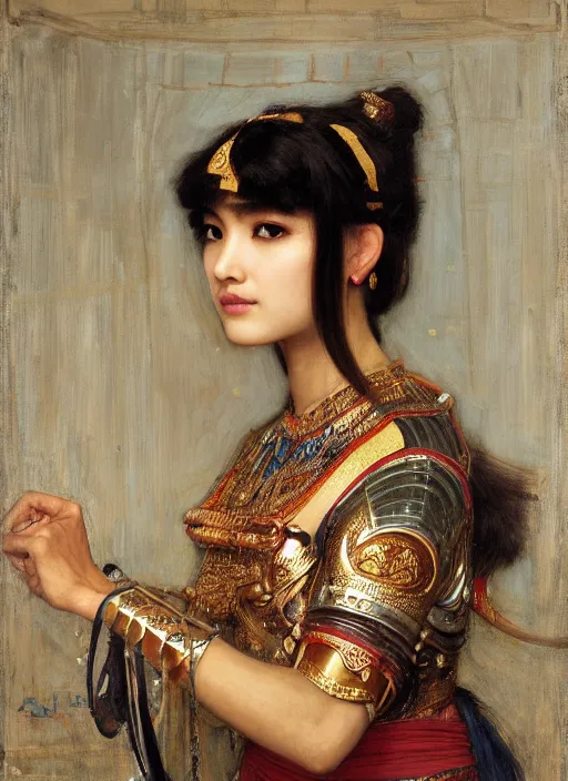 Image similar to beautifull asian queen cyborg with bangs curly Iranian orientalist portrait by john william waterhouse and Edwin Longsden Long and Theodore Ralli and Nasreddine Dinet, oil on canvas. Cinematic, hyper realism, dramatic lighting, high detail 4k