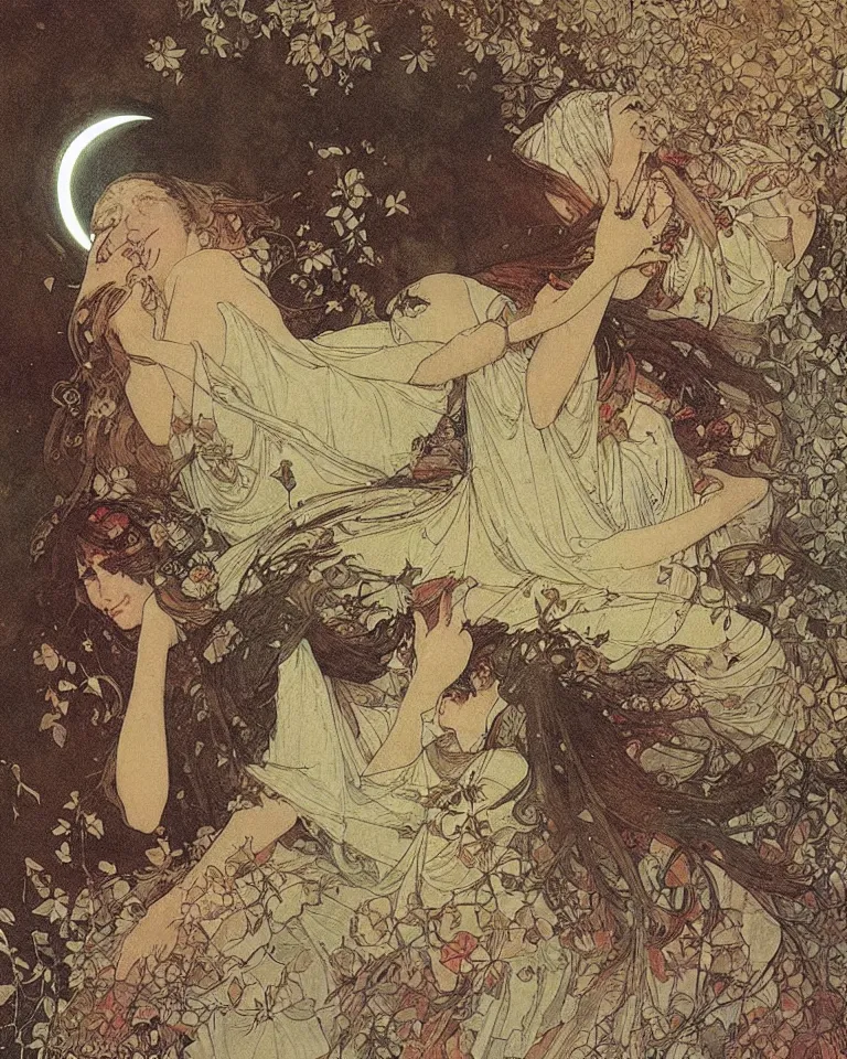 Prompt: midnight, the moon obscured by clouds, in a dilapidated building the dark unknown huddled in the corner is pouring out, mist, by mucha