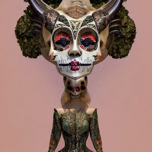 Prompt: champagne blonde lady changeling mythical satyr, humanoid with goat horns and goat legs, mid - waist self - portrait, perfect symmetry, intricate, dia de los muertos, skulls and flowers mask, aztec ultra detailed feathered dress 4 k resolution, octane rendering, ultra realistic, photo realism, beeple, 2 0 mm