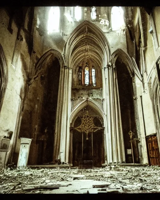 Prompt: a disposable camera photo of an abandoned cathedral haunted by a ghost