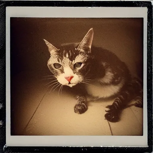 Prompt: “ a polaroid picture of a ( ( bloody ) ) zombie cat, rembrandt lighting, horror ”