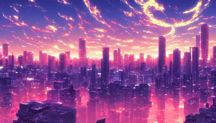 Image similar to beautiful anime synthwave cityscape by makoto shinkai