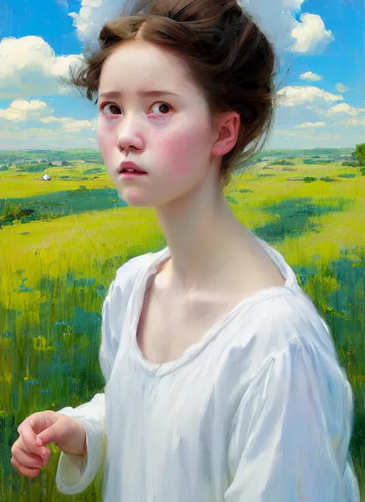 Prompt: portrait of girl dressed in white clothes meeting big Totoro, countryside, fantasy character portrait, dynamic pose, above view, view from above, sunny day, thunder clouds in the sky, artwork by Jeremy Lipkin and Giuseppe Dangelico Pino and Michael Garmash and Rob Rey and John Marshall Gamble, very coherent symmetrical artwork, perfect face, simple form, 100mm